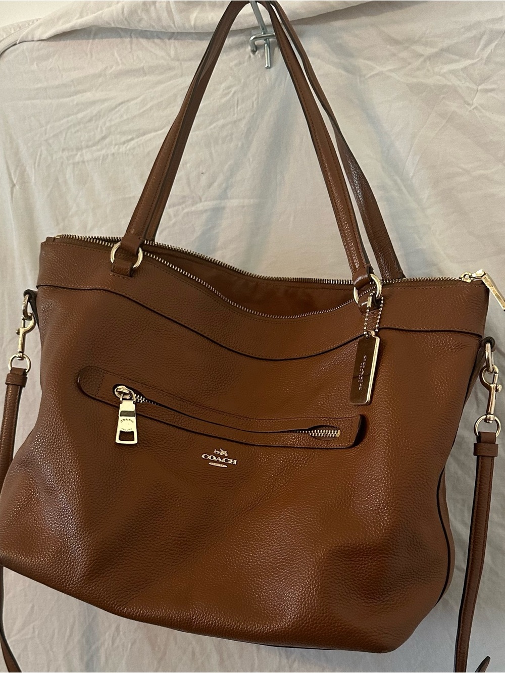 COACH Brown Pebbled Leather Tote with Zip Pocket and Gold Hardware